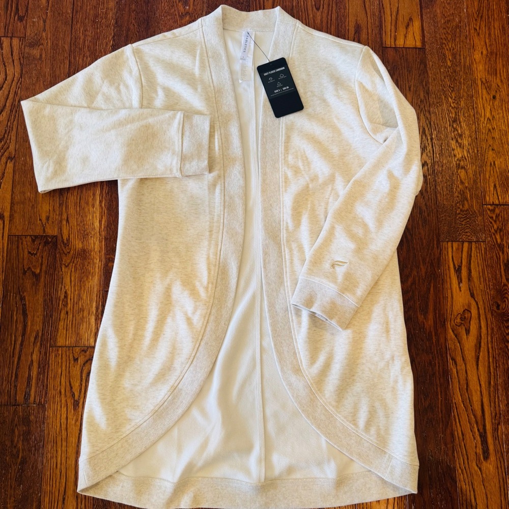 Fabletics Cozy Fleece Cardigan Womens Small Oatmeal Heather Cream Open Front New